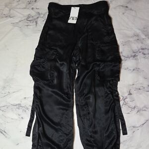 Zara Black Satin Cargo Pants